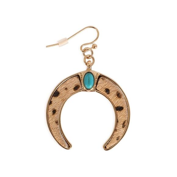 Boho Chic Cow Print Bull Horn Crescent Earrings Turquoise Stone Statement 1 - Picture 2 of 2